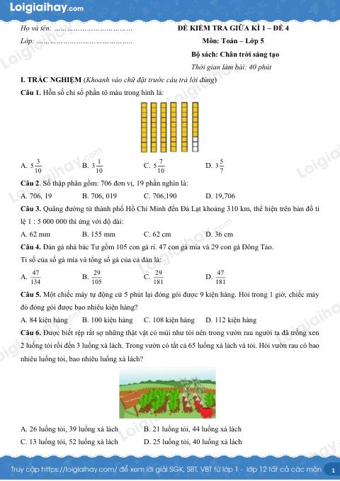 Đề kiểm tra giữa học kì 1 Toán 5 Chân trời sáng tạo - Đề số 4